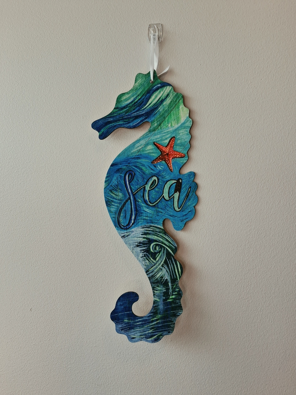 Coastal Seahorse Wall Art - Blue/Green with Orange Starfish